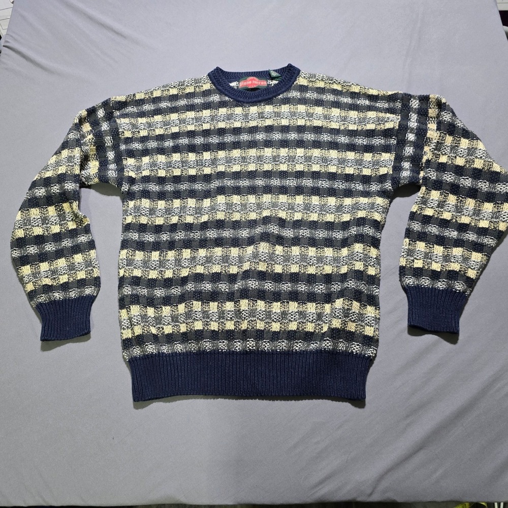 Stone Haven Sweater Mens Large Blue Checkered Textured  Crewneck Ramie Cotton‎